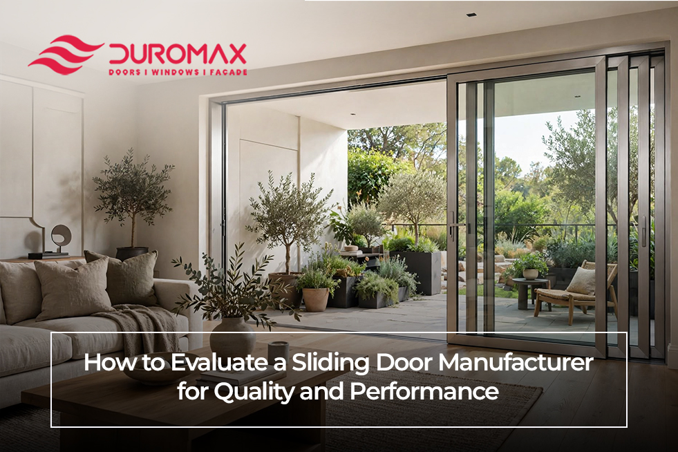 Sliding door manufacturer quality evaluation checklist showing materials, durability, performance, hardware, and installation standards.